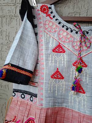Peach And Grey Yoke Tiny Chandilier Embroidered Khadi Kedia And Black Tulip Pants Set 7