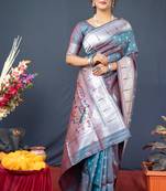 Teal woven soft paithani silk designer saree with blouse