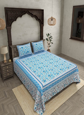 Runjhun premium 100% cotton king size blue color flower printed double bedsheet (90x108 inch) 1