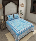 Runjhun premium 100% cotton king size blue color flower printed double bedsheet (90x108 inch)