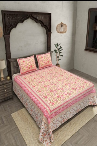 Runjhun premium 100% cotton king size pink color flower printed double bedsheet (90x108 inch)