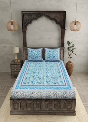 Runjhun premium 100% cotton king size blue color flower printed double bedsheet (90x108 inch) 2