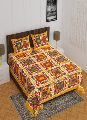 Runjhun 100% cotton yellow color elephant printed double bedsheet 1