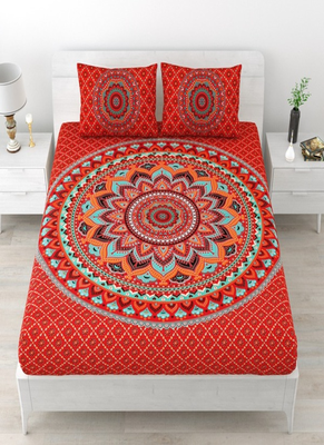 Runjhun premium 100% cotton king size red color mandala printed double bedsheet (90x108 inch) 1