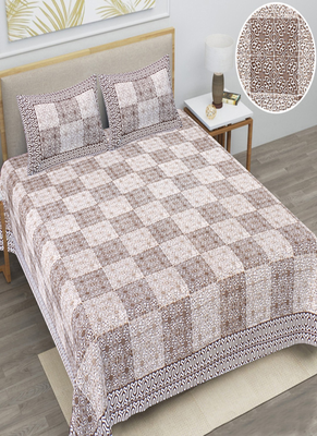Runjhun premium 100% cotton coffee color square printed double bedsheet (90x100 inch) 1