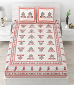 Runjhun premium 100% cotton king size pink & cream color printed double bedsheet (90x108 inch)