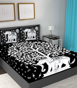 Runjhun 100% cotton black color elephant printed double bedsheet (90x100 inch)