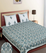 Runjhun premium 100% cotton blue color flower printed double bedsheet (90x100 inch)