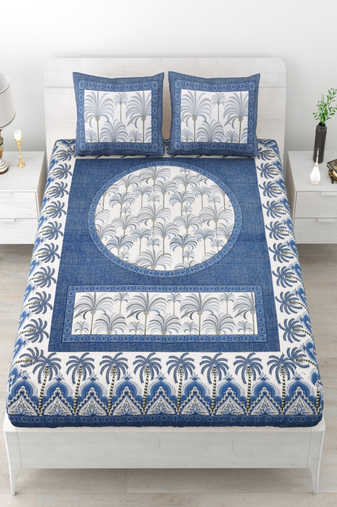 Runjhun premium 100% cotton blue color printed double bedsheet (90x100 inch)