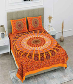 Runjhun premium 100% cotton orange color mandala printed double bedsheet(90x100 inch)