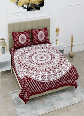Runjhun 100% cotton maroon color circle mandala double bedsheet (90x100 inch) 1