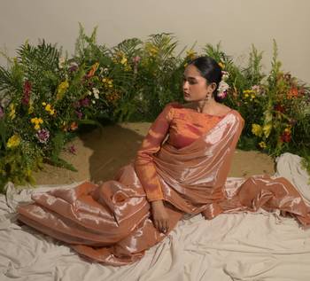 Neon Orange Handloom Tissue Saree Without Blouse Piece 2
