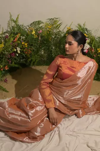 Neon Orange Handloom Tissue Saree Without Blouse Piece