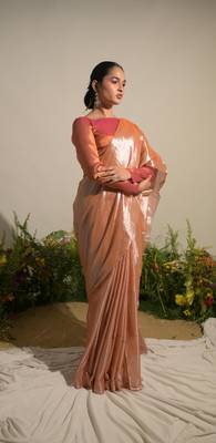 Neon Orange Handloom Tissue Saree Without Blouse Piece 3