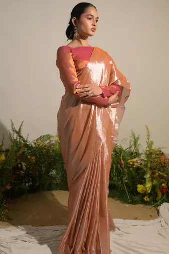 Neon Orange Handloom Tissue Saree Without Blouse Piece