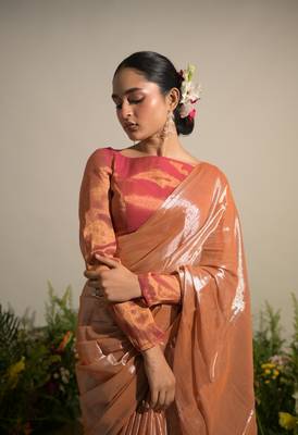 Neon Orange Handloom Tissue Saree Without Blouse Piece 4