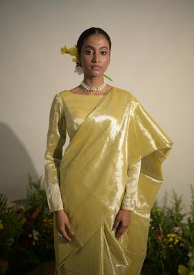 Neon Olive Handloom Tissue Saree without Blouse Piece 1