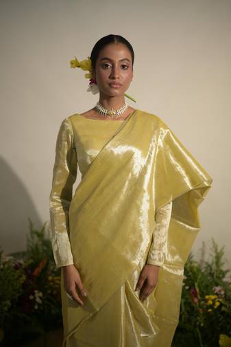 Neon Olive Handloom Tissue Saree without Blouse Piece