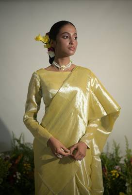 Neon Olive Handloom Tissue Saree without Blouse Piece 2