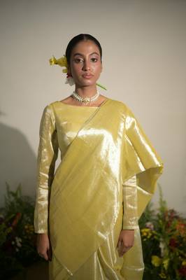 Neon Olive Handloom Tissue Saree without Blouse Piece 3