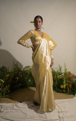 Neon Yellow Handloom Tissue Saree Without Blouse Piece 1