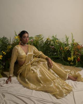 Neon Yellow Handloom Tissue Saree Without Blouse Piece 3