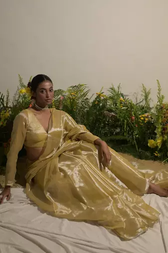 Neon Yellow Handloom Tissue Saree Without Blouse Piece