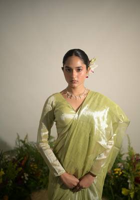 Neon Green Handloom Tissue Saree Without Blouse Piece 2