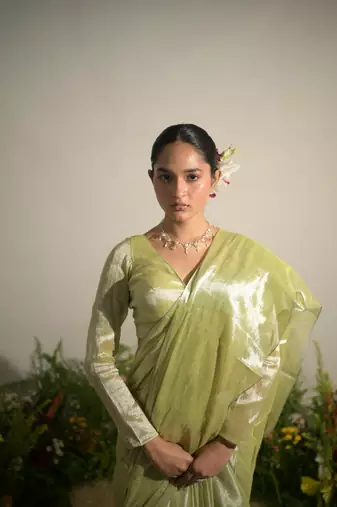 Neon Green Handloom Tissue Saree Without Blouse Piece
