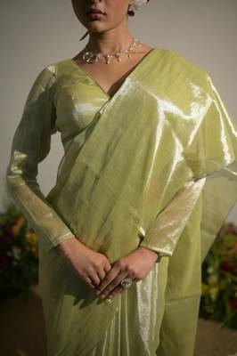 Neon Green Handloom Tissue Saree Without Blouse Piece 3