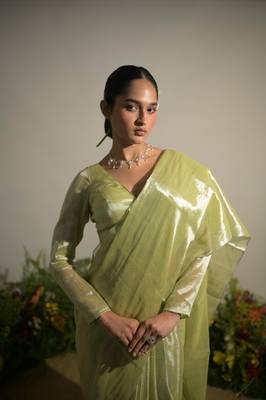 Neon Green Handloom Tissue Saree Without Blouse Piece 1