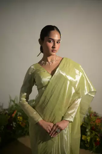 Neon Green Handloom Tissue Saree Without Blouse Piece