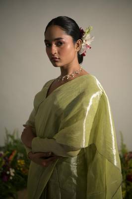 Neon Green Handloom Tissue Saree Without Blouse Piece 4