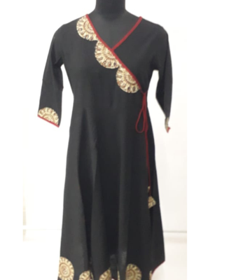 Women'S Cotton Slub Patch Work Angrakha Kurta (Black) 6