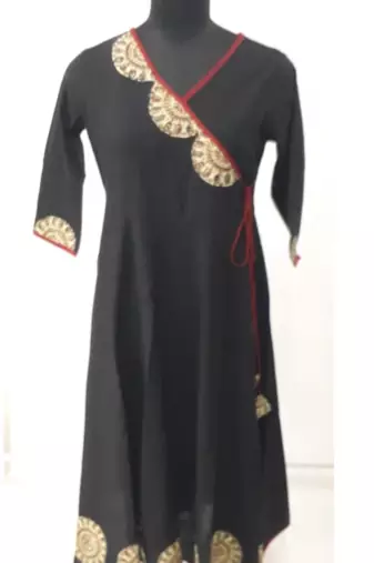 Women'S Cotton Slub Patch Work Angrakha Kurta (Black)