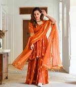 Women's gold print crop top kurta sharara with dupatta set