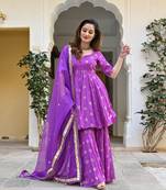 Women's purple gold print crop top kurta sharara with dupatta set