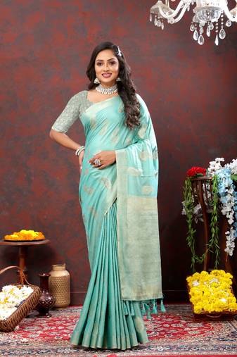 Green zari weaving tassel pallu soft cotton silk saree
