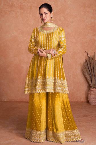 Women shaded yellow chinon silk fabric embroidered kurta palazzo & with dupatta