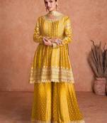 Women shaded yellow chinon silk fabric embroidered kurta palazzo & with dupatta