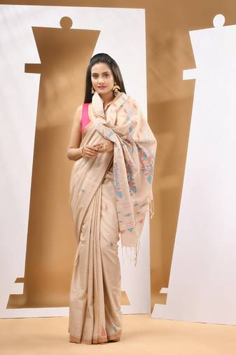 Light beige cotton handwoven soft saree with texture designs