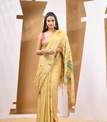 Light yellow cotton handwoven soft saree with texture designs