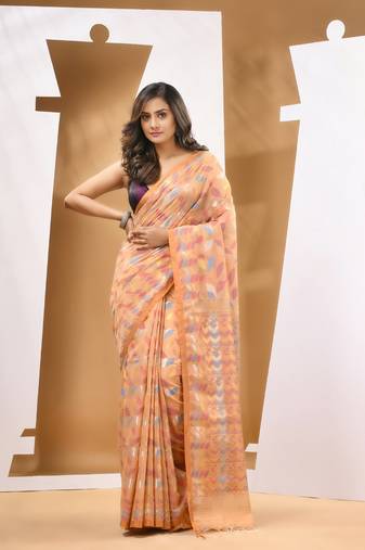 Beige cotton blend handwoven saree with paisey motifs