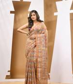 Dark beige cotton blend handwoven saree with paisey motifs