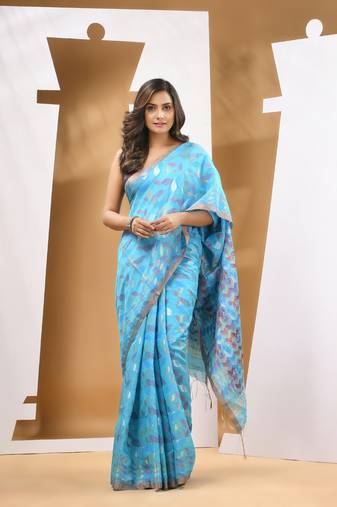 Sky blue cotton blend handwoven saree with paisey motifs