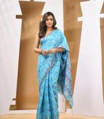 Sky blue cotton blend handwoven saree with paisey motifs