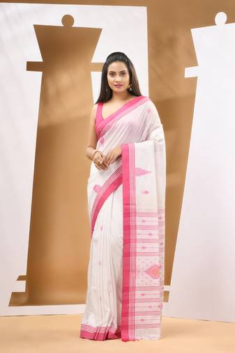Baby white cotton handwoven soft saree with texture motifs