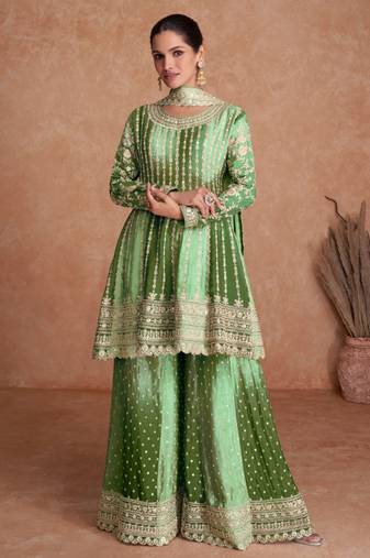 Women shaded green chinon silk fabric embroidered kurta palazzo & with dupatta