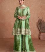  shaded green chinon silk fabric embroidered kurta palazzo & with dupatta