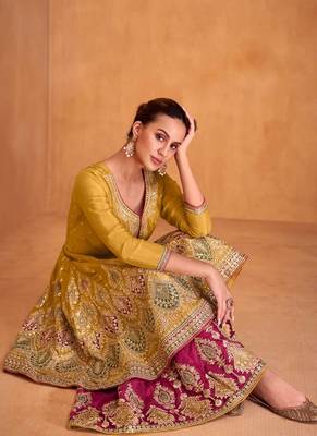 Yellow chinon embroidery with sequince work salwar kameez stitched 2
